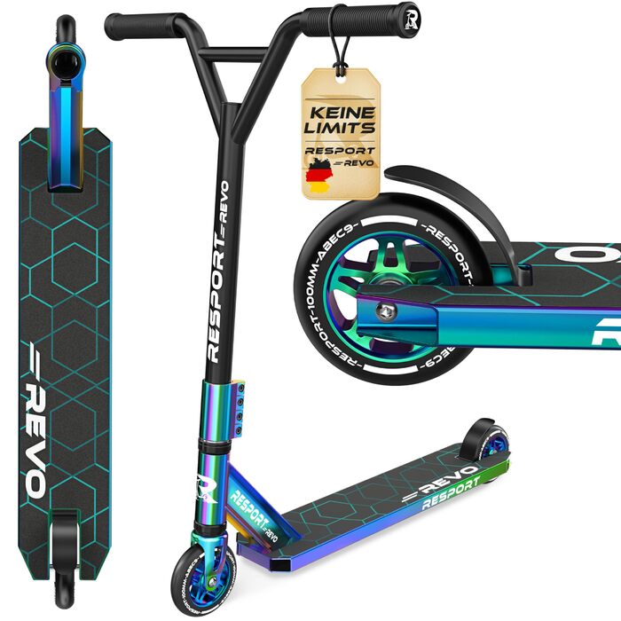 Трюковий самокат RE:SPORT® REVO Rainbow для дітей та дорослих зі стійкою | Професійний самокат з колесами 100мм PU та Y-рулем | Самокат трюковий, кікскутер ABEC 9