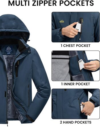 Куртка Rdruko для чоловіків: зимова, для сноуборду, тепла флісова, водонепроникна, функціональна, з капюшоном, біла (M, Denim Blue)
