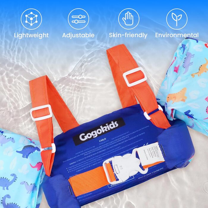 Надувні рукавики для плавання Gogokids для дітей 2-6 років (15-30 кг), безпечні рукавики-плавці з застібкою та рукавами (темно-синій, динозавр)