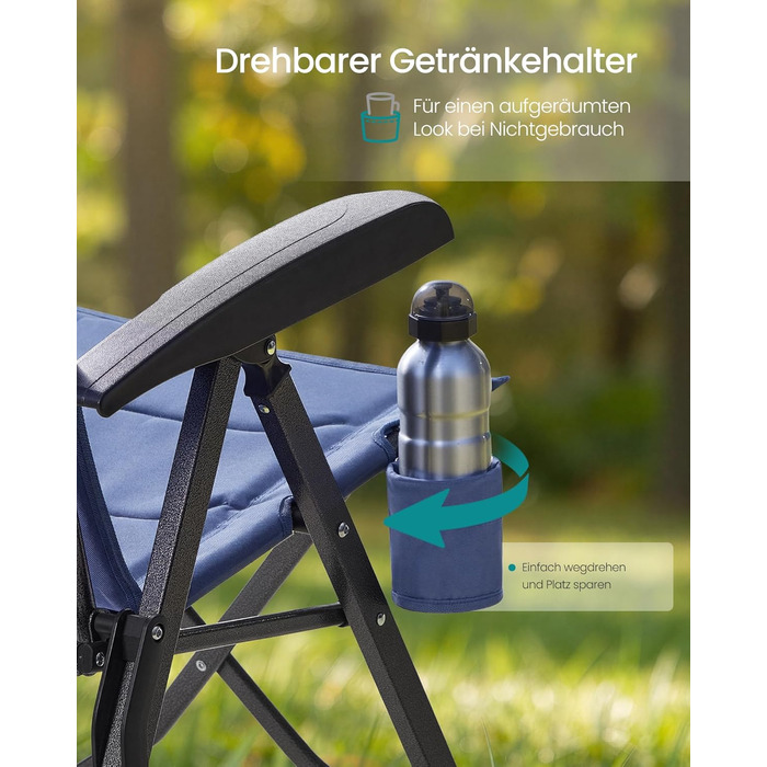 Складний туристичний стілець SONGMICS для дорослих, регульована спинка, обертовий підсклянник, для відпочинку на природі, риболовлі, саду, блакитний