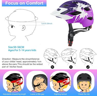 Дитячий шолом для велосипеда з ліхтариком, регульований, 50-56 см, 5-14 років, фіолетовий+рожевий