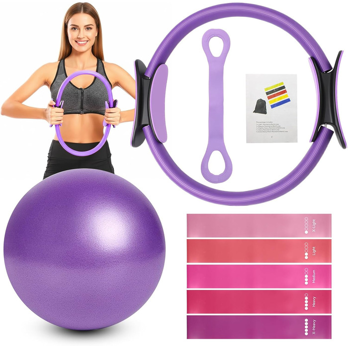 Pilates Ring Набір для пілатесу: коло з ручками 35 см, 5 еластичних стрічок, м'яч для пілатесу - для дому, тонусу тіла, гнучкості