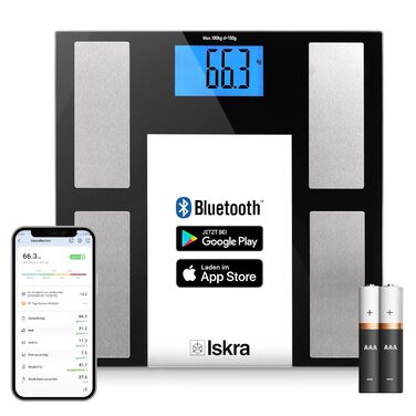Вага тіла Iskra Bluetooth з додатком, 180 кг, для iOS та Android, технологія BIA, персональна вага, аналіз складу тіла, вага для 10 користувачів