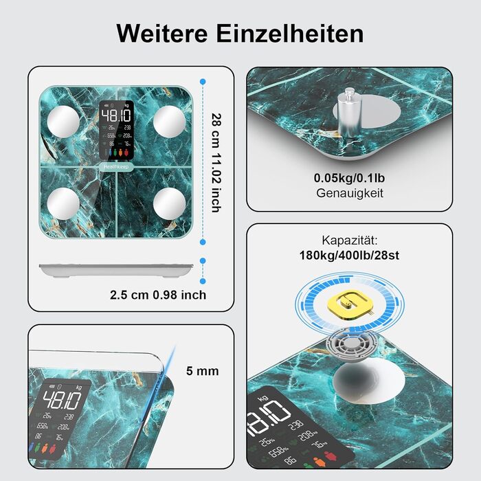 Вага для визначення жиру в тілі та аналізу складу тіла, персональна вага з визначенням жиру та м'язової маси, 15 показників, цифровий тестер, смарт-вага з додатком, великий дисплей (280 г, зелений мармур)