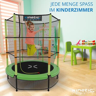 Дитячий батут KINETIC SPORTS 140 см з гумовою підвіскою, захисною сіткою на блискавці, м'яким бортиком і сіткою для підлоги – ігровий батут для дому