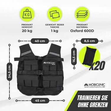 Вага для тренувань Mobiclinic® 10/20 кг, регульована, міцна, 600D Oxford, з вагами, світловідбиваючі смуги