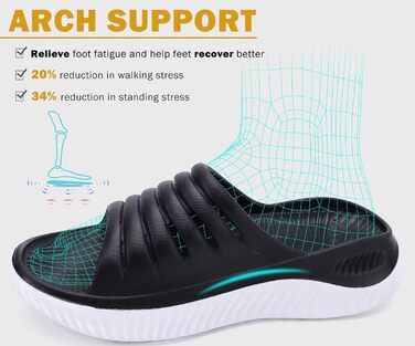 Ортопедичні відновлювальні сандалії KuaiLu для жінок, легкі спортивні шльопанці при плантарному фасциїті, розвантаження суглобів та спини, розмір 43 EU, чорно-білі