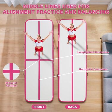 FBSPORT Килимок для гімнастики та йоги надувний, 400x100x10 см (рожевий) з ролею 100x60 см, 10 см товщини