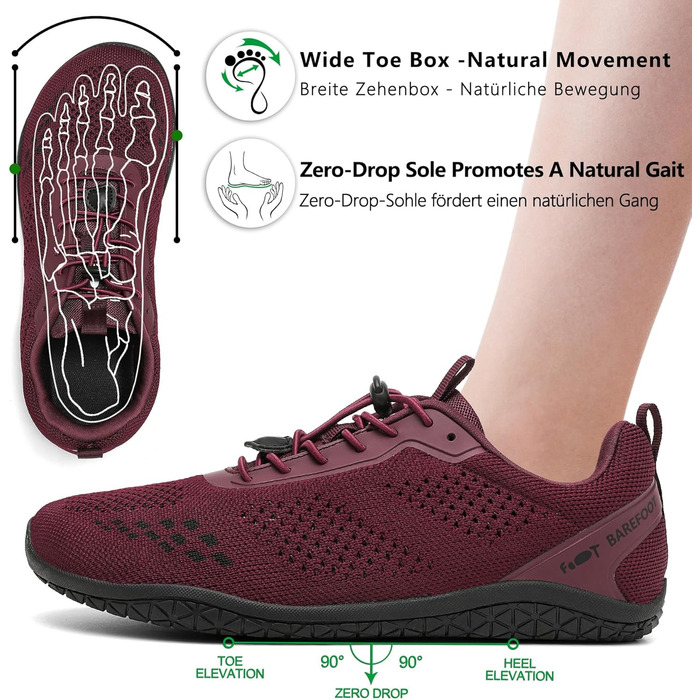 Босижні кросівки Geweo для жінок та чоловіків: зручні, широка передня частина, легкі, для фітнесу, кросфіту, силових тренувань, без підйому, для хайкінгу, унісекс, 37-47EU, бордовий, 45 EU, широкі