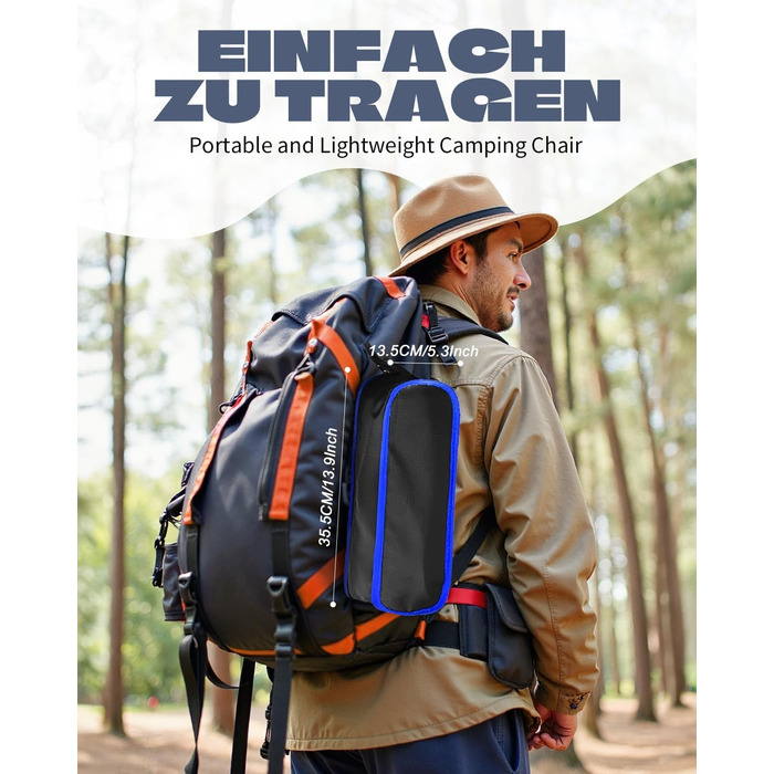 Складний туристичний стілець для кемпінгу з сіткою та кишенями, вантажопідйомність 150 кг, ультралегкий, для подорожей, пікніків, риболовлі (Оранжевий, Синьо-чорний)