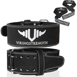 Преміум шкіряний пояс для важкої атлетики Vikingstrength з тяговими лямками, для чоловіків і жінок, для присідань, пауерліфтингу, кросфіту, станової тяги, розмір M-4XL, з додатком V-Strength