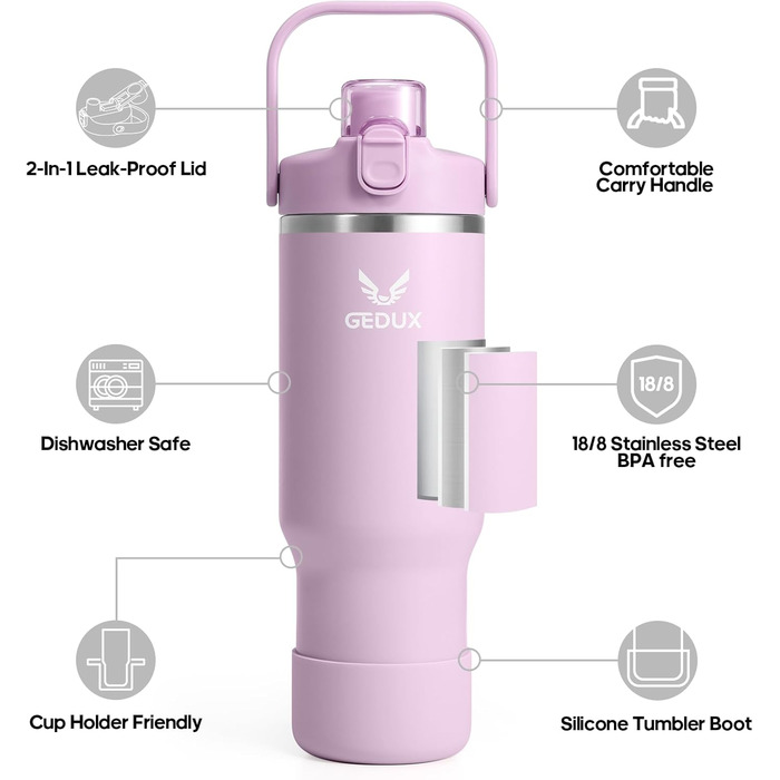 Спортивна термобутилка GEDUX IceFlow Flip Straw 1 л з трубочкою, зберігає холод понад 12 годин, герметична, BPA Free, для води, для спорту, придатна для миття в посудомийній машині, світло-фіолетова