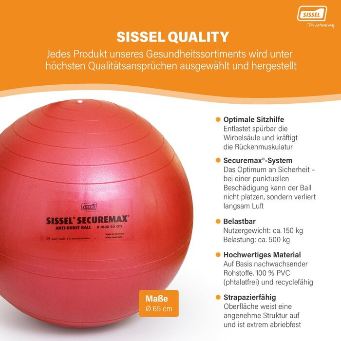 Гімнастичний м'яч SISSEL SECUREMAX 65 см, до 500 кг, червоний, PVC, для фітнесу та терапії, безпечний, з постером та насосом