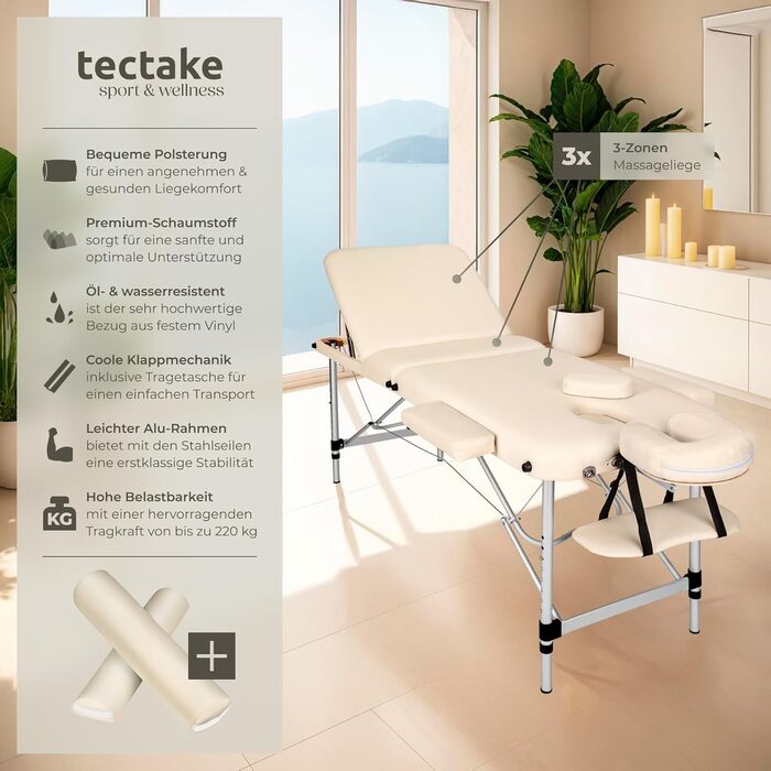 Складний масажний стіл tectake® 3-секційний, регульований по висоті, з аксесуарами (валик, напіввалик, сумка), для масажу, косметології, тату, бежевий