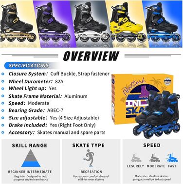 Інлайнерожі Nattork для дітей та дорослих, регульовані, 4 розміри, дизайн для катання, блакитні (37-40)