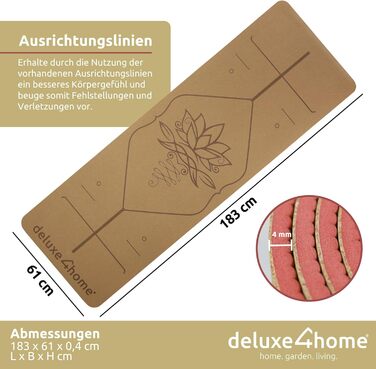 Йога мат для фітнесу Deluxe4Home® з корку, TPE, з ручкою для перенесення, з лінійками для вирівнювання, червоний