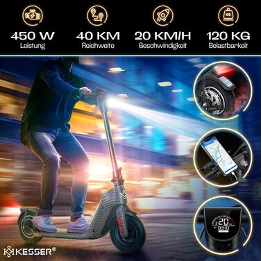 Електросамокат KESSER з дозволом для доріг, 40 км, складаний, 36V/10Ah, до 120 кг, мотор 450W, 10'' колеса, LCD-дисплей, тримач для смартфона