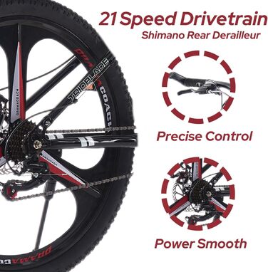 Складаний гірський велосипед MTB 26 дюймів, 21 швидкість Shimano, двоподівесна система, легка рама, спортивний велосипед для дорослих, чорно-червоний