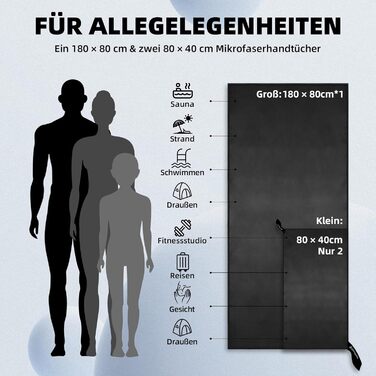 Набір рушників Damoguin 3 шт. з мікрофібри (великий 180x80 см, 2 шт. малі 80x40 см) - чорний