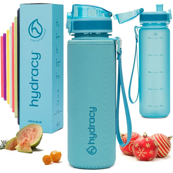 Водяна пляшка Hydracy 2L з соломкою та маркуванням часу - спортивна пляшка BPA-free, витокозахисна, без конденсату, для спорту та активного відпочинку (500 мл, швидке пиття, блакитний)