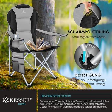 Крісло для кемпінгу KESSER® з підлокітниками, високою спинкою, місткістю до 150 кг, сіре/чорне, з підсвіткою та тримачем для напоїв