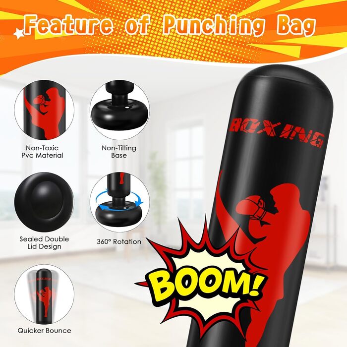 Боксерський мішок дитячий Ninonly 160 см з рукавичками та насосом - стійкий боксерський мішок для дому, вулиці, спортзалу для хлопчиків та дівчаток (чорний)