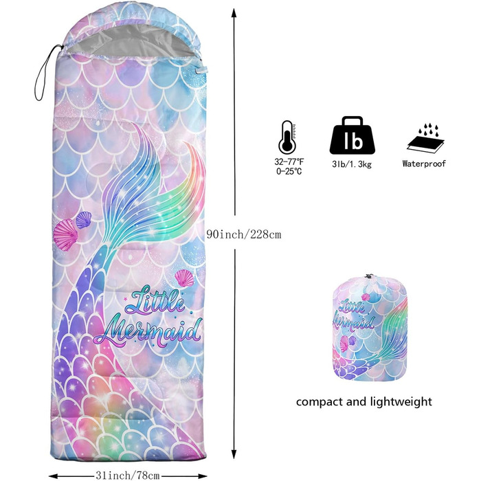 Спальний мішок HOSIMA з футболом для холодного клімату, дорослий, дитячий, водонепроникний, для кемпінгу, подорожей, полювання, компресійний мішок (Русалка-2)