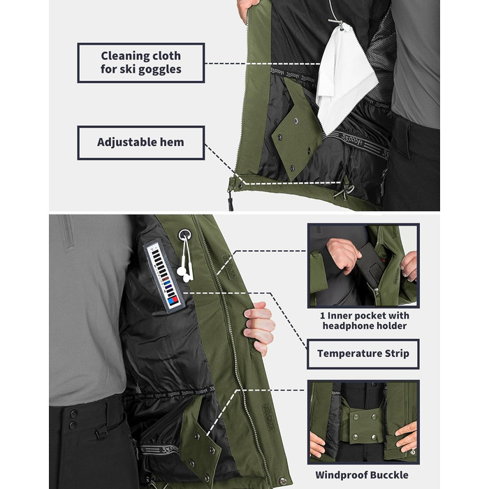 Чоловіча лижна куртка 33,000ft: Водонепроникна, вітронепроникна, тепла, функціональна куртка для сноуборду та лижного відпочинку (армійний зелений, L)