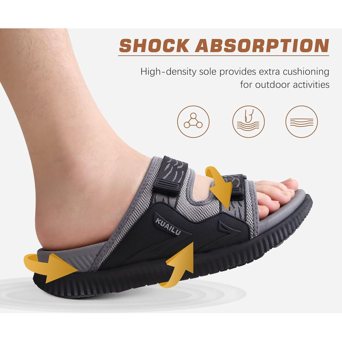 Чоловічі спортивні сандалі KuaiLu з м'якою устілкою, ортопедичні для фасціїту, підошва для хайкінгу, літні, легкі, відкриті, з регульованим липучкою (Сірий, 43 EU)