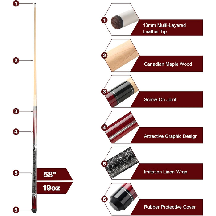 Кю Pool Queue 58 дюймів: Більярдний кий з канадського клена, наконечник 13 мм, для професійних гравців. Білльярдний кий 1/2 Maple, червоний