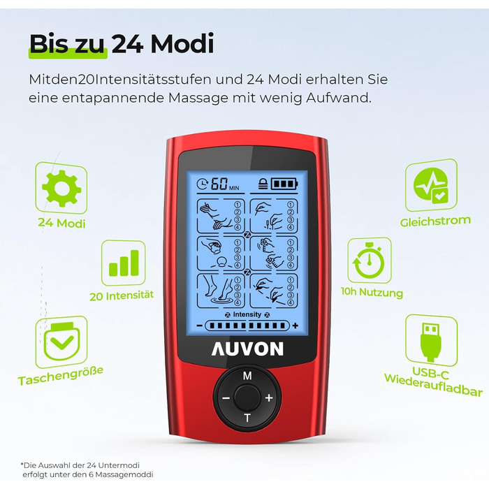 AUVON TENS пристрій для зняття болю: реінотерапія з 24 програмами, 2 канали, 12 електродів, EVA-сумка