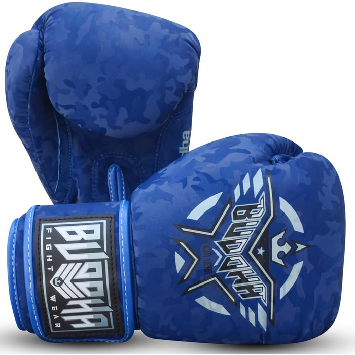 Боксерські рукавички BUDDHA FIGHT WEAR 14 oz для Муай Тай та кікбоксингу, армійський синій, штучна шкіра, антизапах, посилені шви
