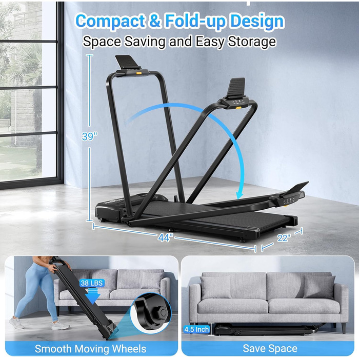 Тренажер для ходьби THERUN Walking Pad 2-в-1, складаний, чорний, з пультом, 40.6 см, 2.5 PS