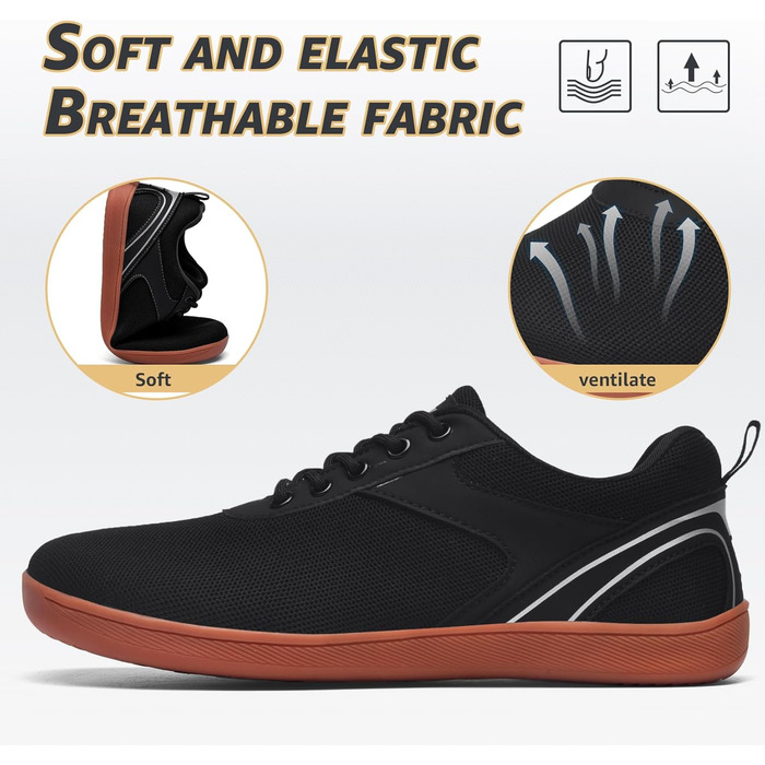 ASHION Унісекс босі кросівки для жінок та чоловіків. Широкі кросівки для ходьби, трейлраннінгу та бігу по вулицях. Розмір 39 EU, широка колодка, чорний/коричневий колір.
