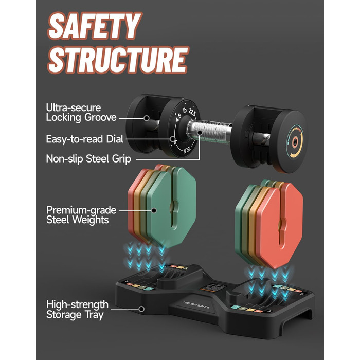 Регульований набір гантелей Motion Space, 5.7-10.2 кг, швидка зміна ваги, металеві гантелі з неслизькими ручками, компактний для тренувань вдома, колір: Райдуга, загальна вага: 10 кг