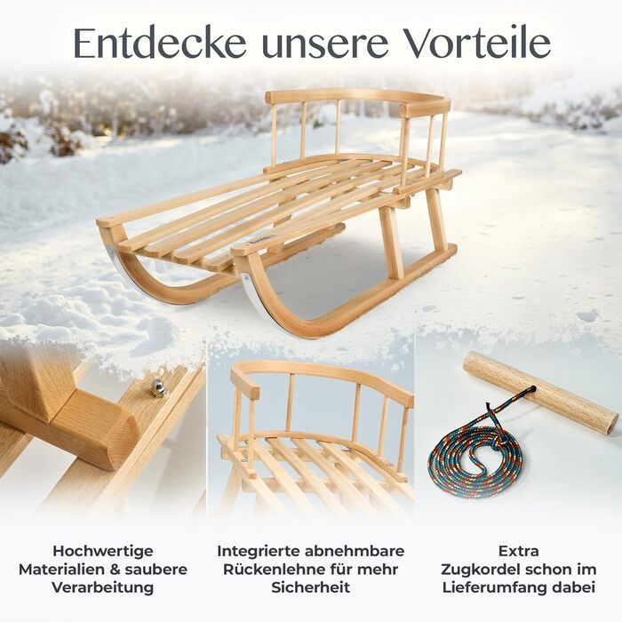Дитячі санчата Kinderschlitten 90 см з підніжкою - дерев'яні санчата з масивного буку - санчата Davoser з мотузкою та ручкою, міцні, з легкими сталевими чіпками