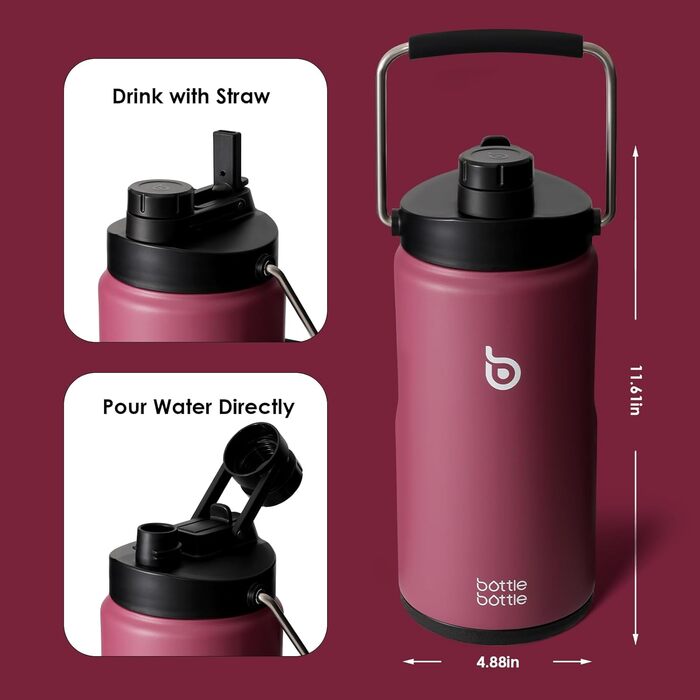Термос пляшка BOTTLE BOTTLE 1.8 л з трубочкою, пігулковницею, ручкою та кришкою, червона, нержавіюча сталь для спорту та подорожей