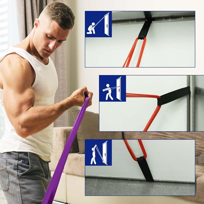 Набір еластичних стрічок для фітнесу Widerstandsbänder: 4 рівні, для силових тренувань, йоги, пілатесу, кросфіту, з кріпленням для дверей та сумкою для зберігання. Червоні, сині, фіолетові, зелені.