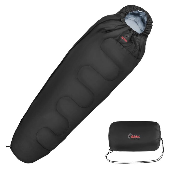 Спальний мішок ALPIDEX Mumienschlafsack 4 сезони -17°C 225x80 см, ультралегкий, для кемпінгу, трекінгу, туризму, чорний