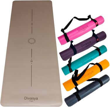 Преміум йога-мат DIVASYA, нековзкий, натуральний каучук, професійне японське покриття, 185x68x0,45 см, 4,5 мм, ремінець, екологічний, Sandstone