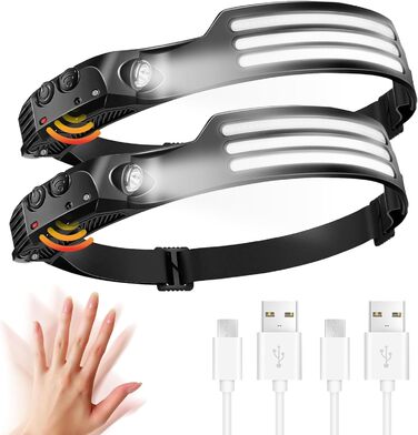 LED налобний ліхтар, 2 шт., перезаряжається, 230° широкий кут огляду, 3 LED, датчик світла, водонепроникний, легкий, для бігу, риболовлі, 2 білих світлодіодів