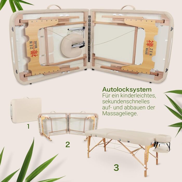 Масажний стіл Zen з круглими кутами, складний та регульований по висоті - професійний масажний стіл з цільного дерева з регульованою спинкою, підголівником, підлокітниками та кишенею (кремовий)
