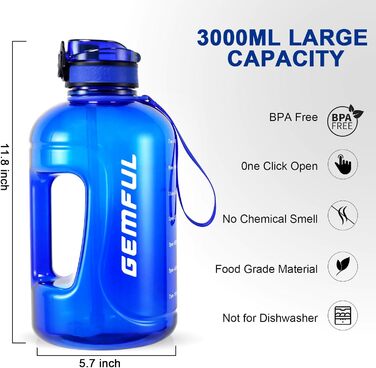 Пляшка спортивна GEMFUL 3л з міткою часу, соломинкою та ручкою, BPA-free, не протікає, для фітнесу, тренувань та активного зволоження (Королівський синій)