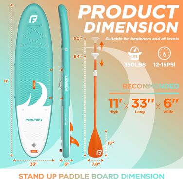 Надувний SUP дошка FBSPORT для сплаву та серфінгу, 335x84x15 см, з аксесуарами (Cyan)