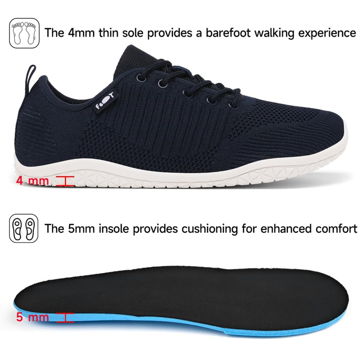 Geweo Взуття для пішохідної ходьби без шкарпеток для жінок та чоловіків. Легкі дихаючі кросівки з широкою передньою частиною та плоскою підошвою. Розміри 37-47, синій.