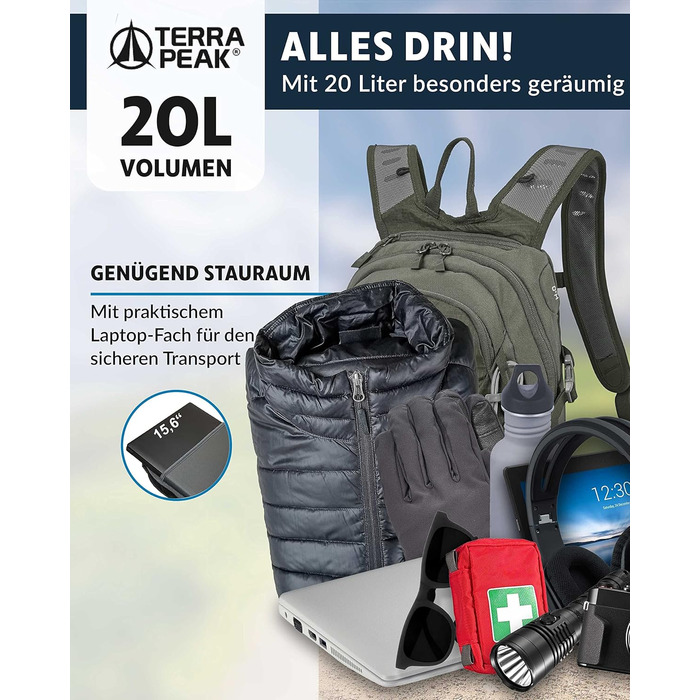 Туристичний рюкзак 20 л Wanderrucksack Active 20 Premium, з вентильованою спинкою, дощовиком та кріпленням для питної системи, з дихаючої сітки 3D Air Mesh, з поясним ременем, оливковий