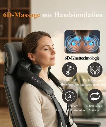 Бездротовий масажер для шиї та плечей 4D Shiatsu з підігрівом, електричний масажер для спини та м'язів, чорний