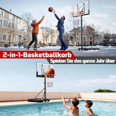 Баскетбольне кільце вуличне з підставкою, регульована висота 100-305 см, міцна задня дошка, сітка для дітей та дорослих