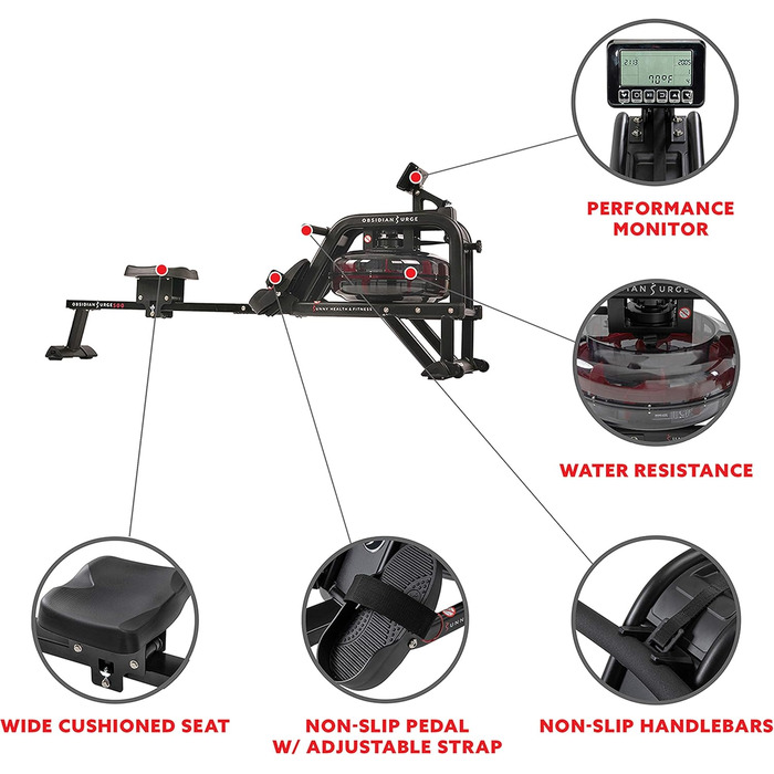 Водний гребний тренажер Sunny Health & Fitness Obsidian SF-RW5713 з LCD-дисплеєм, ергометром, комп'ютером тренувань, сумісний з пульсометром, до 113 кг