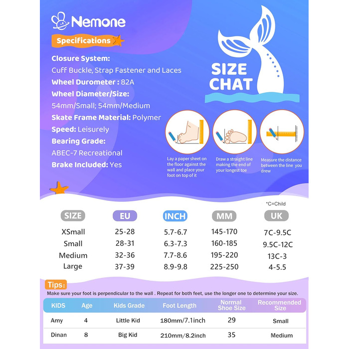 Дитячі ролики Nemone для дівчаток, блакитно-фіолетові, 4 розміри, регульовані, для катання в приміщенні та на вулиці